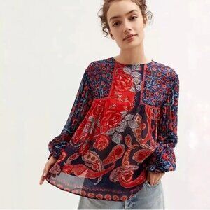 Anthropologie Bl-nk London | Viscose Red/Navy Paisley Floral Peasant Blouse